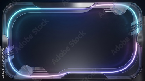 Abstract digital frame with glowing blue and purple light lines on a dark background for design
