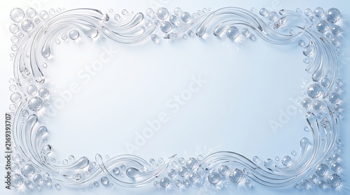 Water droplets and flowing liquid waves create a dynamic, cool-toned frame on a bright gradient surface.