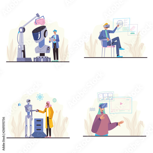 Artificial Intelligence Virtual Reality Futuristic Technology Illustration Set