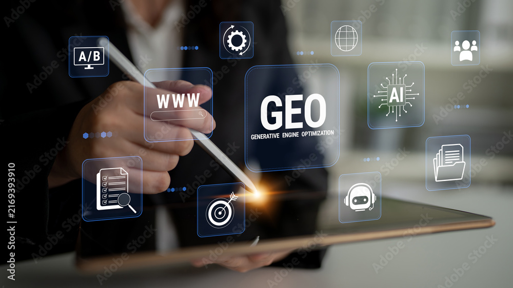 Naklejka premium Digital Marketing Strategy with Generative Engine Optimization Concept and Various Icons Representing Modern Technology and Business Growth. Glyphic.