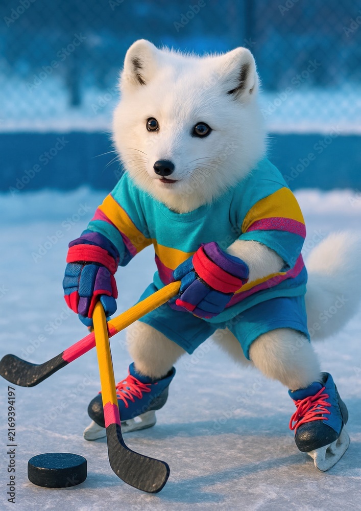 Naklejka premium Adorable fox playing hockey
