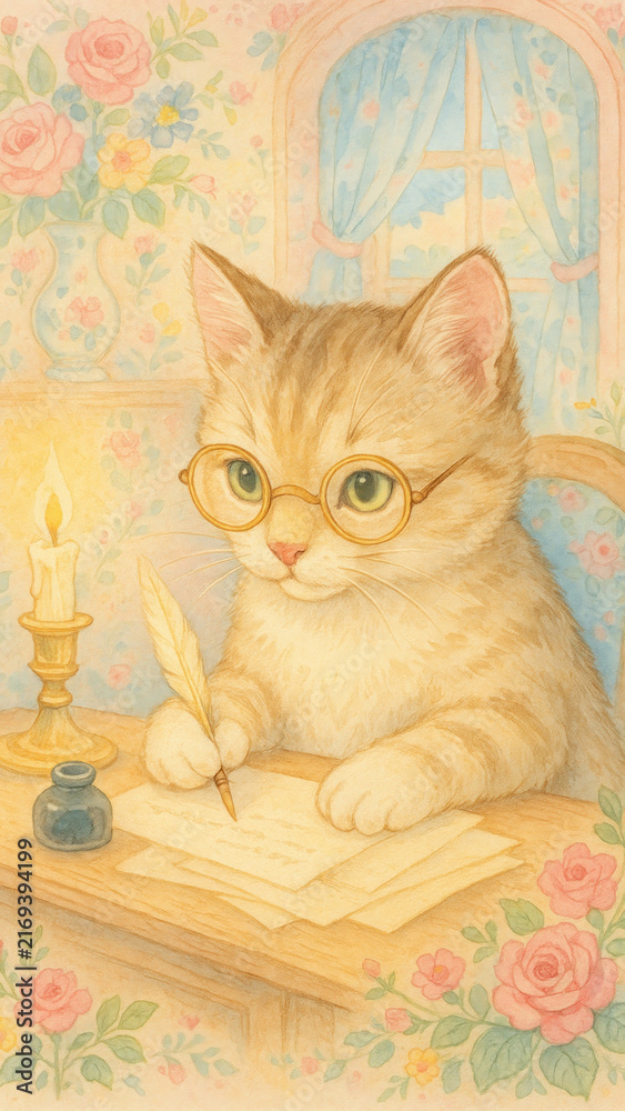 Naklejka premium Charming cat writing letter