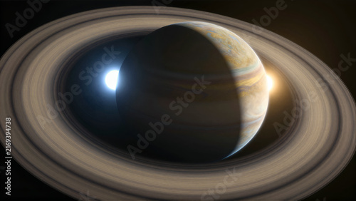 Dual-Sun Illuminated Gas Giant Planet with Mythical Ring System