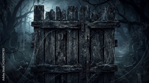 A weathered wooden gate stands in an eerie, foggy graveyard setting. The gate is made of darkened, decaying planks and is covered in cobwebs.