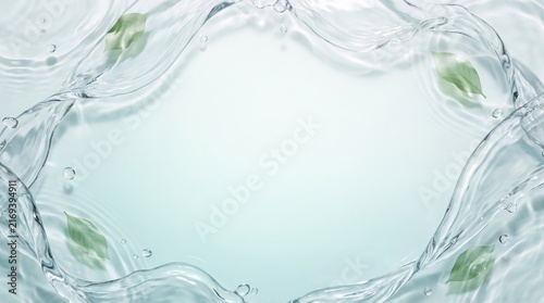 Liquid water splashes and green leaves swirl to form a clean circular frame with a central area for copy space.