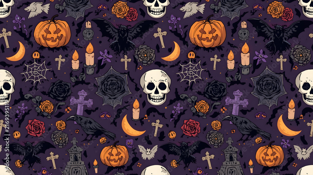 Seamless Halloween pattern with skulls, pumpkins, bats, and gothic elements on a dark purple background, perfect for spooky designs.