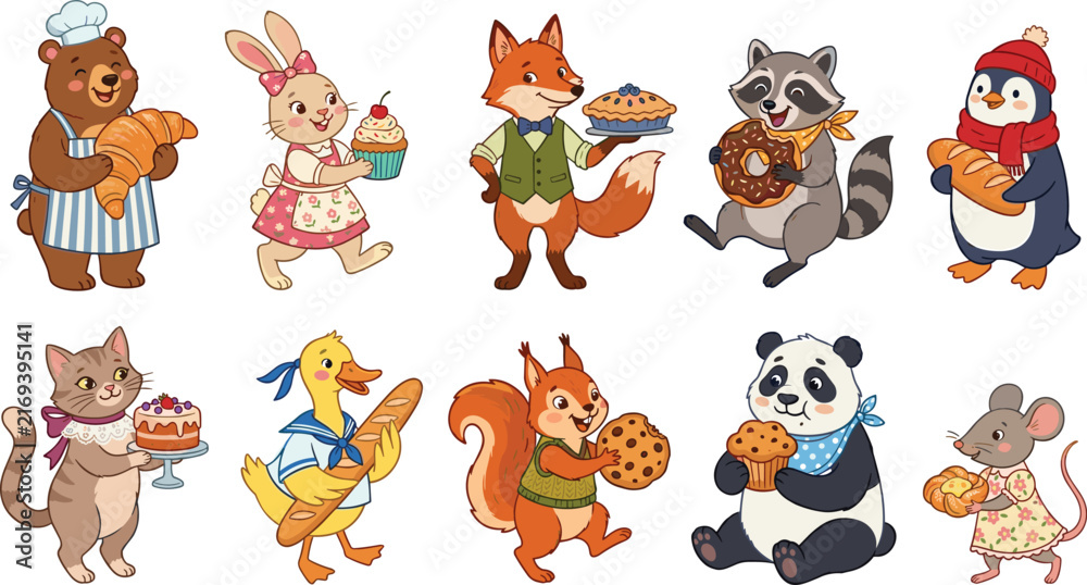 Obraz premium Cute Anthropomorphic Animal Bakery Vector Element Set with Cartoon Characters Holding Pastries, Cakes, and Sweet Treats for Kids Birthday Party Invitation Designs