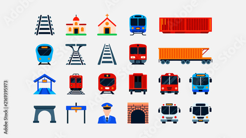 Bild auf Leinwand Railway and train transportation icons set, railway tracks, locomotive, station,