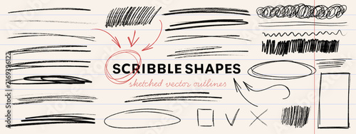 Crayon and pen scribble shapes, messy marker strokes and hand drawn sketch elements set