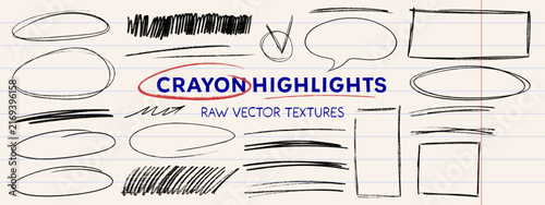 Crayon highlights, pen scribbles and marker sketch strokes, hand drawn oval and underline elements