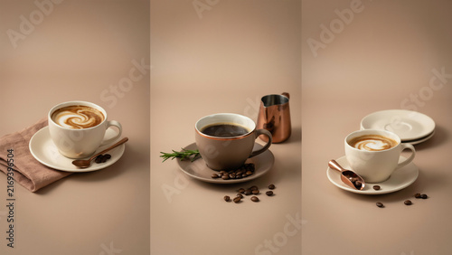 Coffee scenes with latte roasted beans, and copper pitchers on warm beige backgrounds