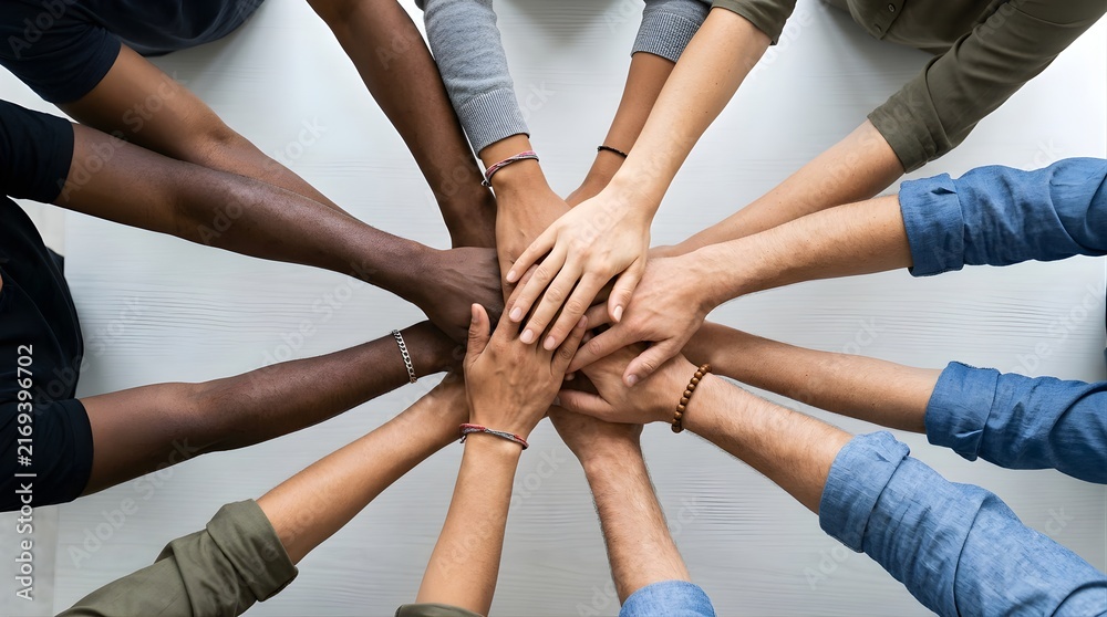 Obraz premium Diverse Group of People Stacking Hands Together for Teamwork Concept