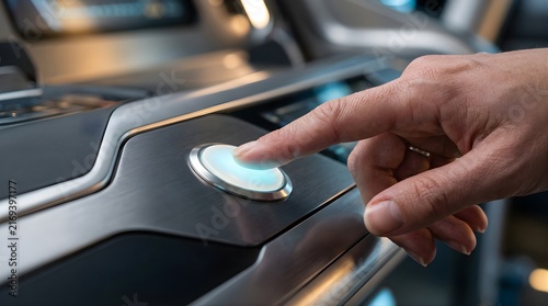 Finger pressing glowing start button on futuristic metal control panel
