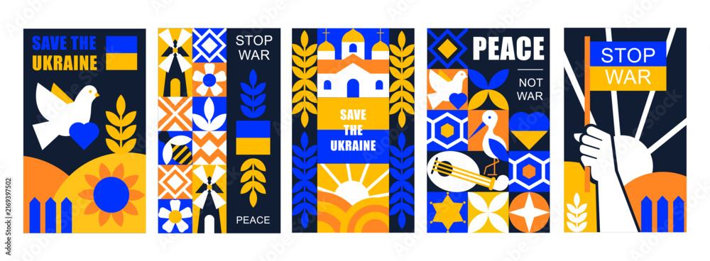 Fototapeta premium Ukraine Geometric Posters., Blue and Yellow Flags and Peace Messages, Stop War, Save Ukraine