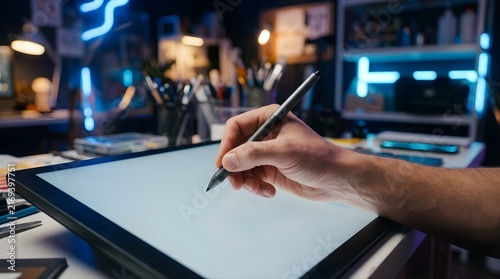Hand using a digital stylus on a drawing tablet in a creative studio