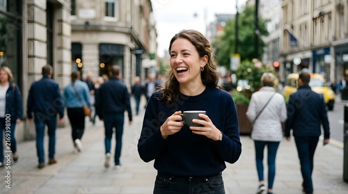 Happy woman laughing while holding a coffee cup on a busy city street