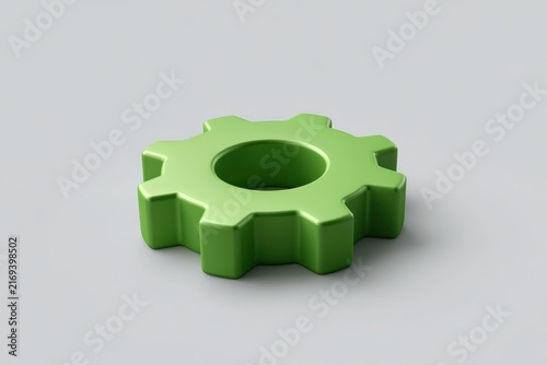 Metallic green gear icon with 3D depth on neutral background