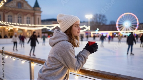 Young woman in knit hat holding warm drink beside outdoor ice rink under festive lights and ferris wheel at winter evening near city fairground