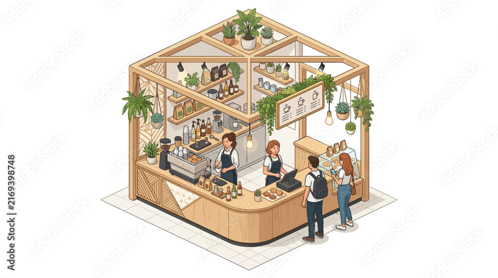 Fototapeta premium Cozy Isometric Coffee Shop with Plants and Customers