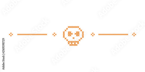 Cross stitch Halloween border, divider and trim layout. Spooky embroidery folk art decoration element. Skull and skeleton ribbon motif for digital crafting and seasonal autumn holiday design.