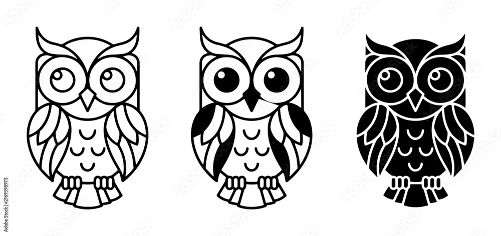 Fototapeta premium Cute Owl Icons, Vector Graphics, Simple Bird Illustrations, Black and White Designs