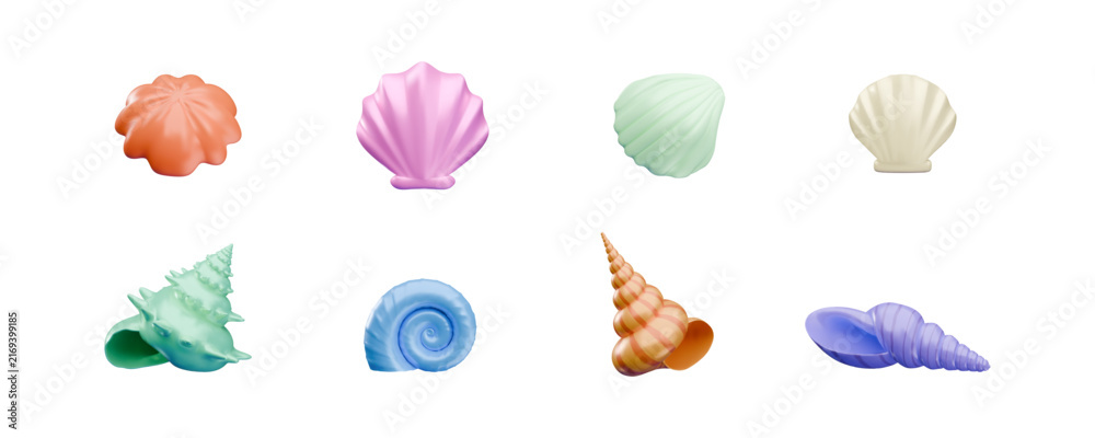 Obraz premium A set of multicolored 3D seashells of various shapes.