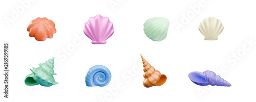 A set of multicolored 3D seashells of various shapes.