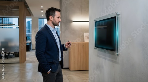 Professional man standing in office looking at a blank wall mounted monitor