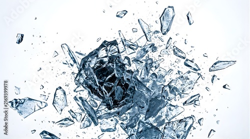 Shattered ice block exploding with sharp fragments on white background
