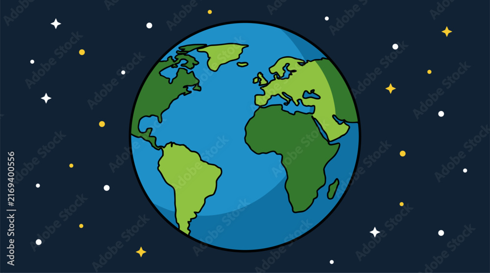 Fototapeta premium Flat design vector illustration of planet Earth with continents and oceans, set against a dark starry sky background