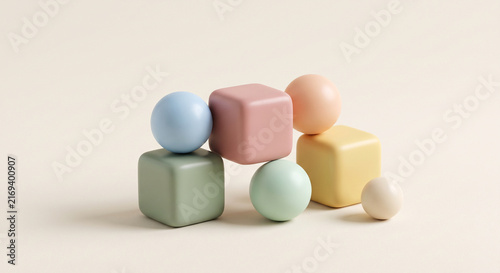 Pastel Geometric 3D Shapes Stacked in an Abstract Composition