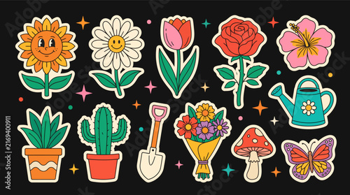 Set collection of  flowers and gardening decorative elements arranged on one horizontal canvas, maintaining the same colorful retro hand-drawn cartoon style.
