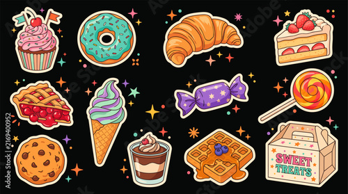 Set collection of bakery and sweet food decorative elements on one horizontal canvas, using the same playful retro fruit-sticker aesthetic.