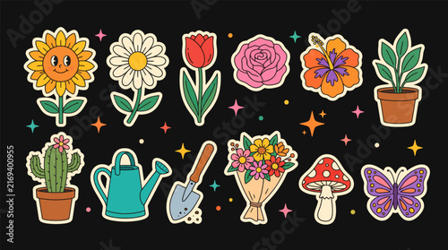 Set collection of  flowers and gardening decorative elements arranged on one horizontal canvas, maintaining the same colorful retro hand-drawn cartoon style.