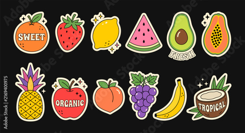 a collection of 12 separate summer drink and beverage decorative elements arranged neatly on one horizontal canvas, in the same playful retro hand-drawn sticker illustration style.