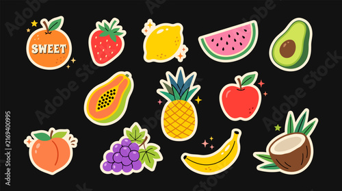 Set of collection summer drink and beverage decorative elements arranged neatly on one horizontal canvas, in the same playful retro hand-drawn sticker illustration style.