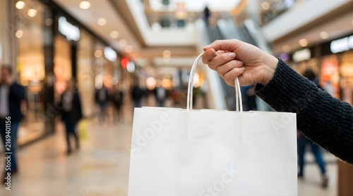 Woman holding a blank white shopping bag inside a busy modern mall