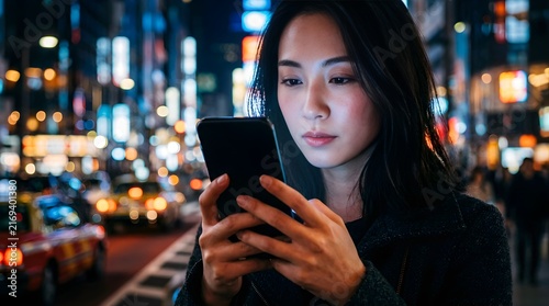 Young Asian woman using a smartphone in a blurry city street at night