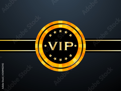A circular emblem featuring the letters VIP surrounded by stars on a dark background with gold accents