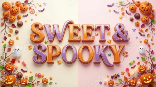 Sweet and Spooky Halloween typography with pumpkins and candy decorations