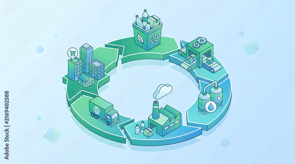 Naklejka premium Circular Economy Sustainable Supply Chain Recycling Isometric Illustration Green Business