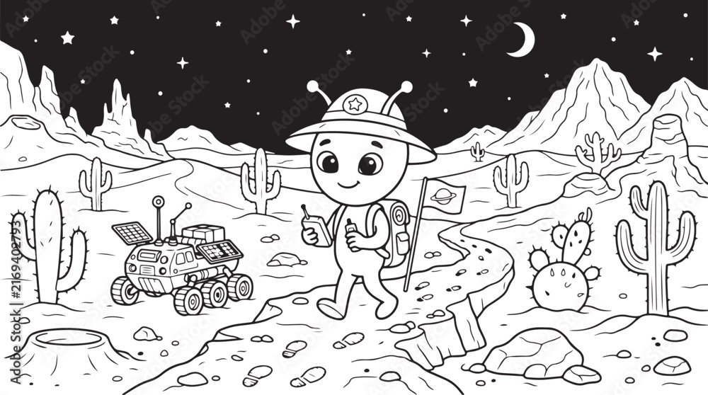 Fototapeta premium Cute alien explorer walking on desert moon surface with space rover and cacti vector coloring page.
