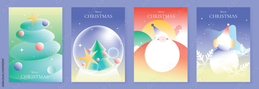Naklejka premium Merry Christmas and Happy New Year vector posters set. Cute Santa Claus, Christmas tree and snow globe greeting cards with soft pastel festive backgrounds and holiday decorations.