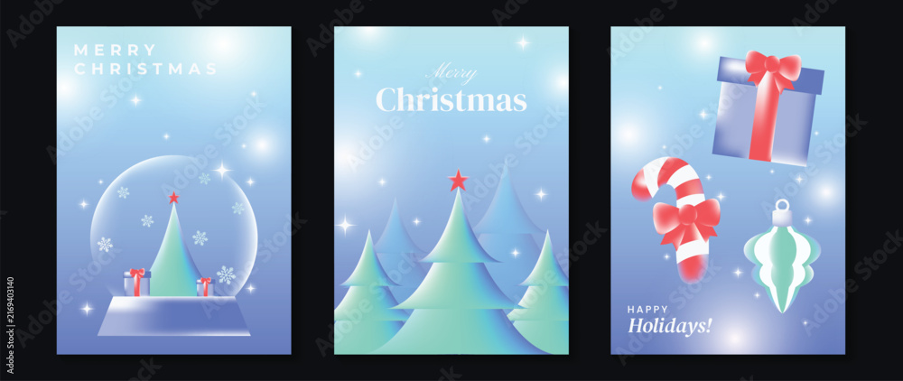 Naklejka premium Merry Christmas and Happy New Year vector posters set. Christmas ornaments, colorful gift boxes, ribbon bows and festive trees on soft blue pastel holiday greeting card backgrounds.