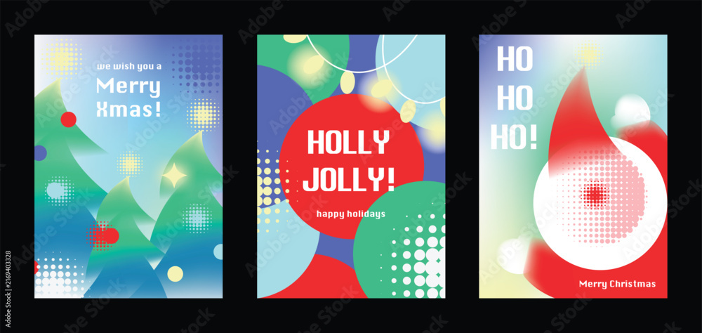 Naklejka premium Merry Christmas and Happy New Year vector posters set. Christmas tree, bell, snowman ornament and festive pine decorations on soft blue pastel holiday greeting card backgrounds.