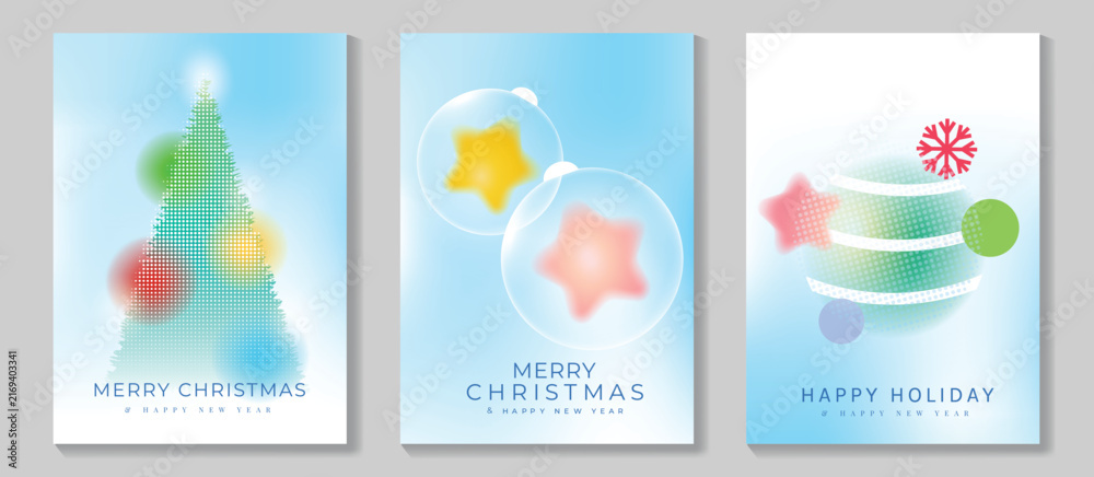 Naklejka premium Merry Christmas and Happy New Year vector posters set. Abstract Christmas tree, star ornaments, striped bauble and snowflake on soft blue pastel holiday greeting card backgrounds.