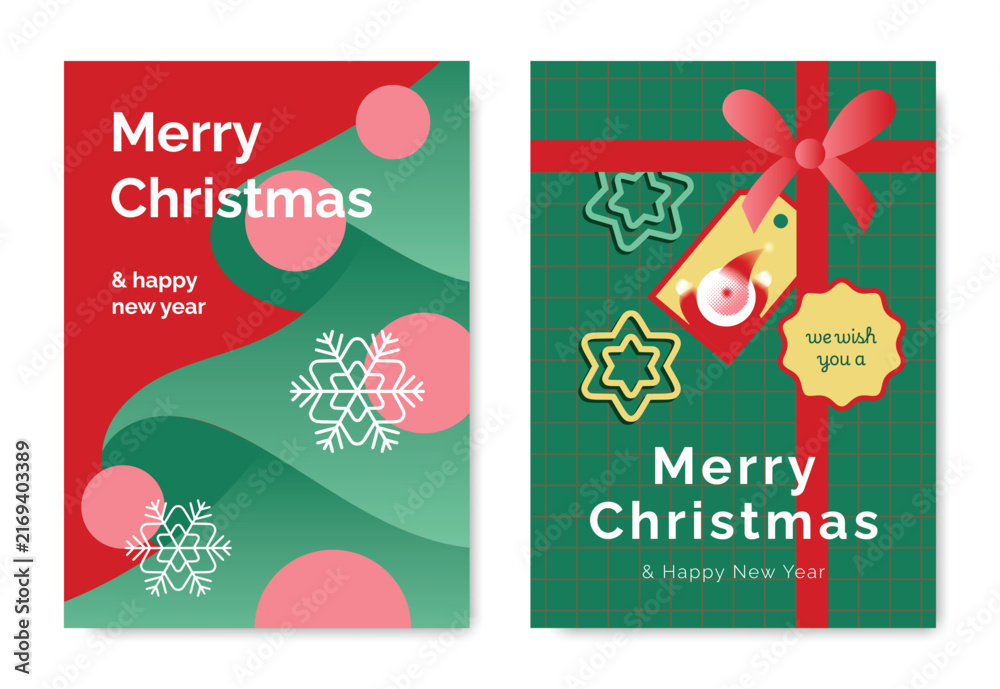 Naklejka premium Merry Christmas and Happy New Year vector posters set. Abstract ornaments, snowflakes, gift ribbon, bow and Santa tag on festive red and green holiday greeting cards.