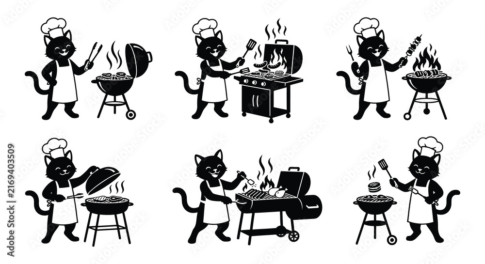 Obraz premium Black cat chef grilling with barbecue equipment vector silhouettes