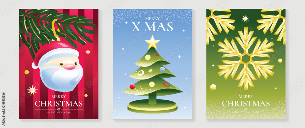 Naklejka premium Merry Christmas and Happy New Year vector posters set. Cute Santa Claus, Christmas tree and snow globe greeting cards with soft pastel festive backgrounds and holiday decorations.
