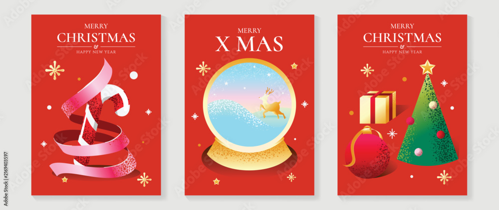 Naklejka premium Merry Christmas and Happy New Year vector posters set. Candy cane ribbon, reindeer snow globe, Christmas tree, gift box and festive decorations on red holiday backgrounds.
